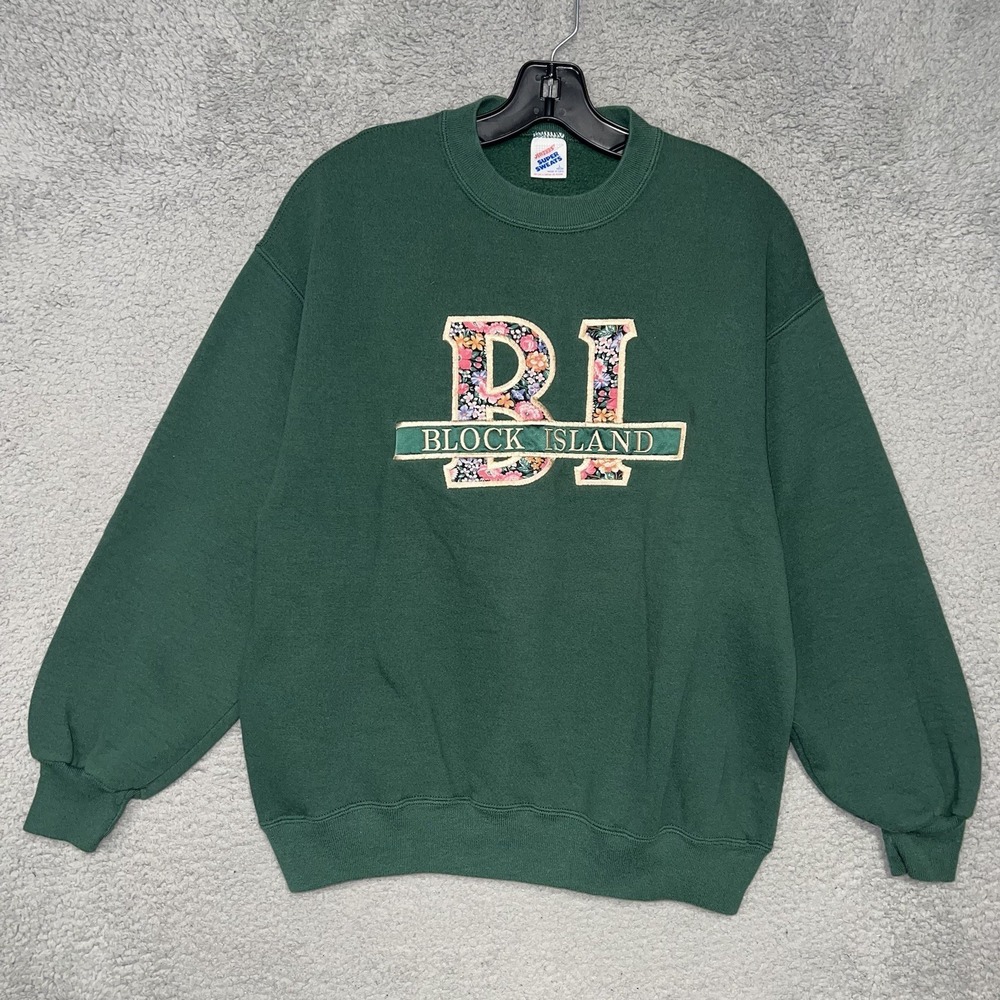 VTG JERZEES Super Sweats Block Island Sweater Sz L Green Floral‎ Made in USA 80s